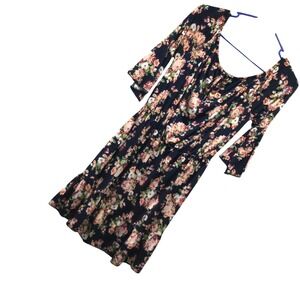 Shiela Rose Navy Floral Elastic Waist Tiered Ruffle Dress Size M 8.2411